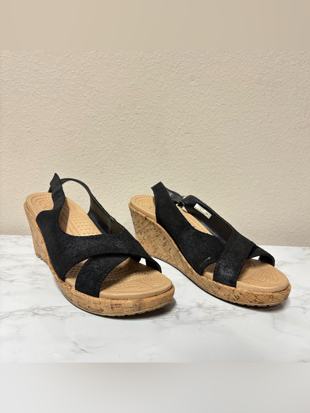CROCS Black Cork Wedge Slingback Sandals